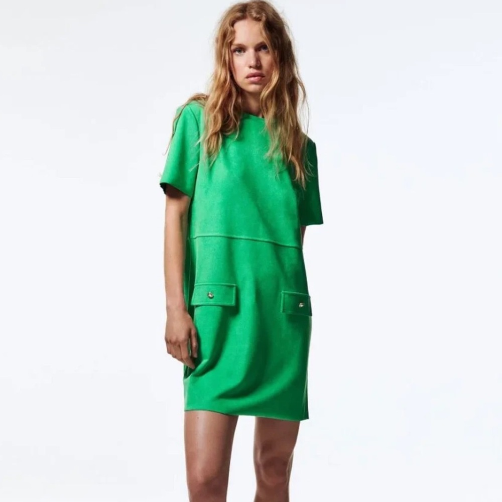 Zara Bright Green Short-Sleeve Shift Mini Dress